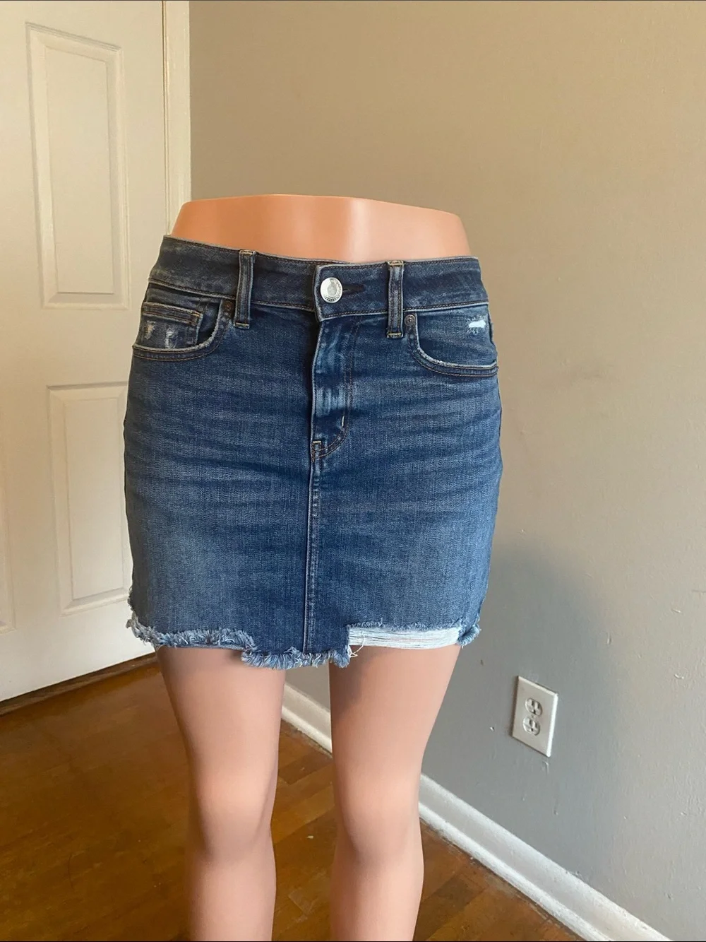 American Eagle Outfitters Dark Blue Distressed Denim Mini Skirt